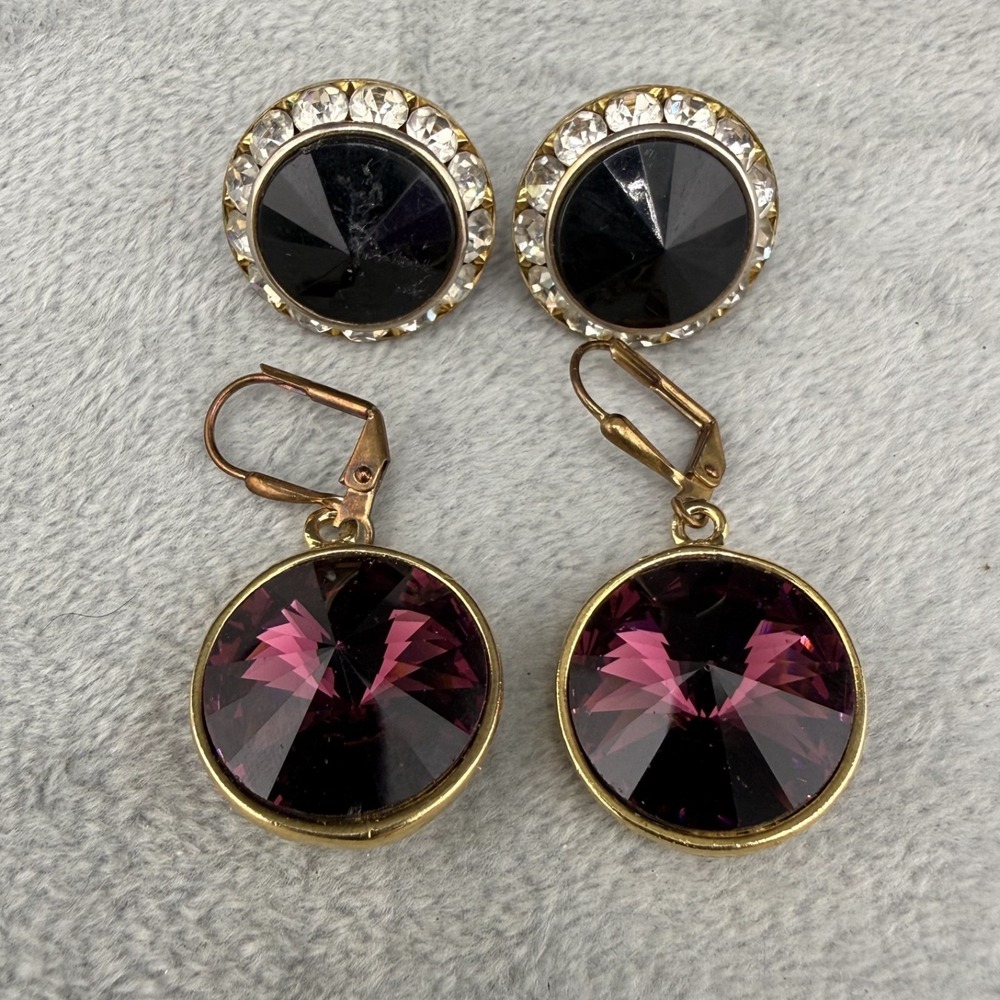 Vintage Pierced Earrings‎ Rivoli Black Purple Gold Tone Rhinestone